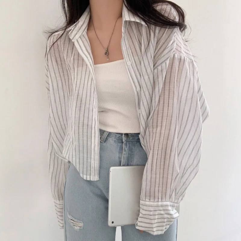 

QWEEK Stripe Long Sleeve Short Shirt Woman Office Ladies Button Up Blouses Summer Korean Fashion Loose Casual Chic Aesthetic