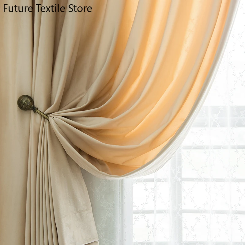 

Apricot yellow Curtains for Living dining room bedroom velvet beige solid color curtain fabric semi-shading study custom