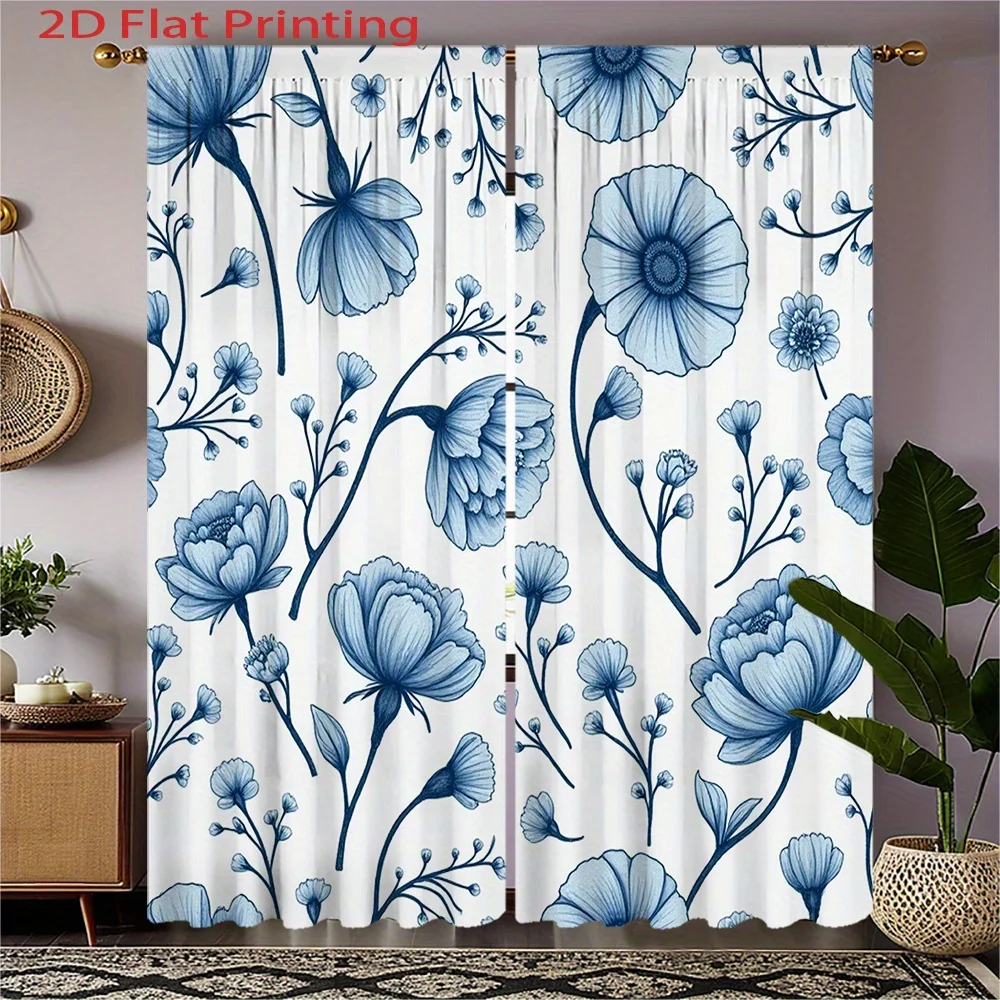 

2pc Navy blue floral pattern curtains, made of polyester fabric, machine washable, suitable for bedroom and living room décor.
