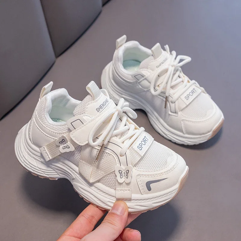 Girls Mesh Sneakers Cute Butterfly Patch Magic Tape Thick Sole Breathable Children Running Casual Shoes
