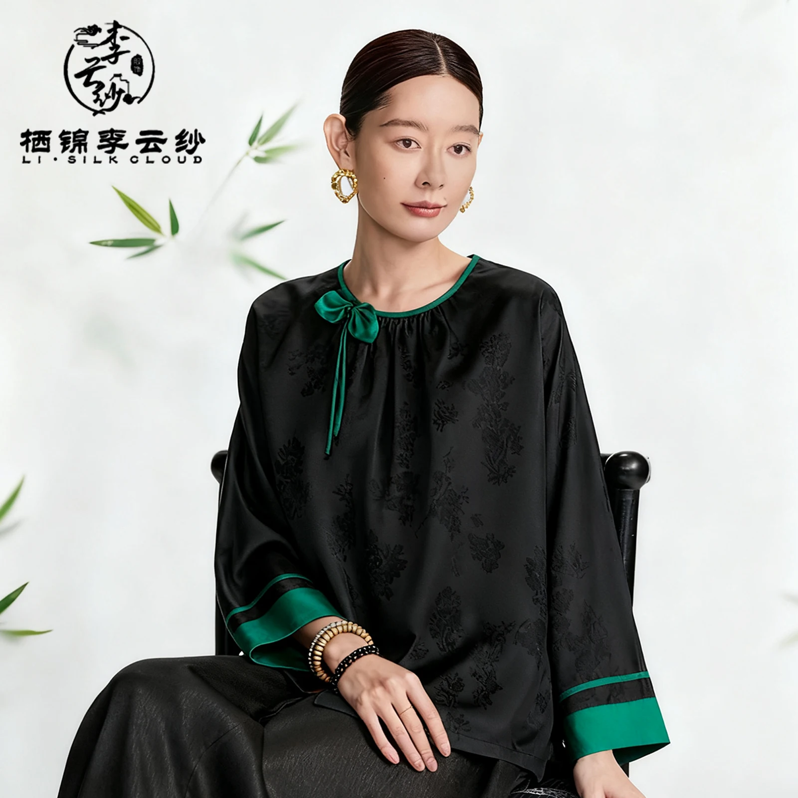 

LI SILK CLOUD Xiangyunsha Top - 100% Mulberry Silk, Chinese Style Green Bowknot Silk Blouse, Traditional Craft Retro Shirt