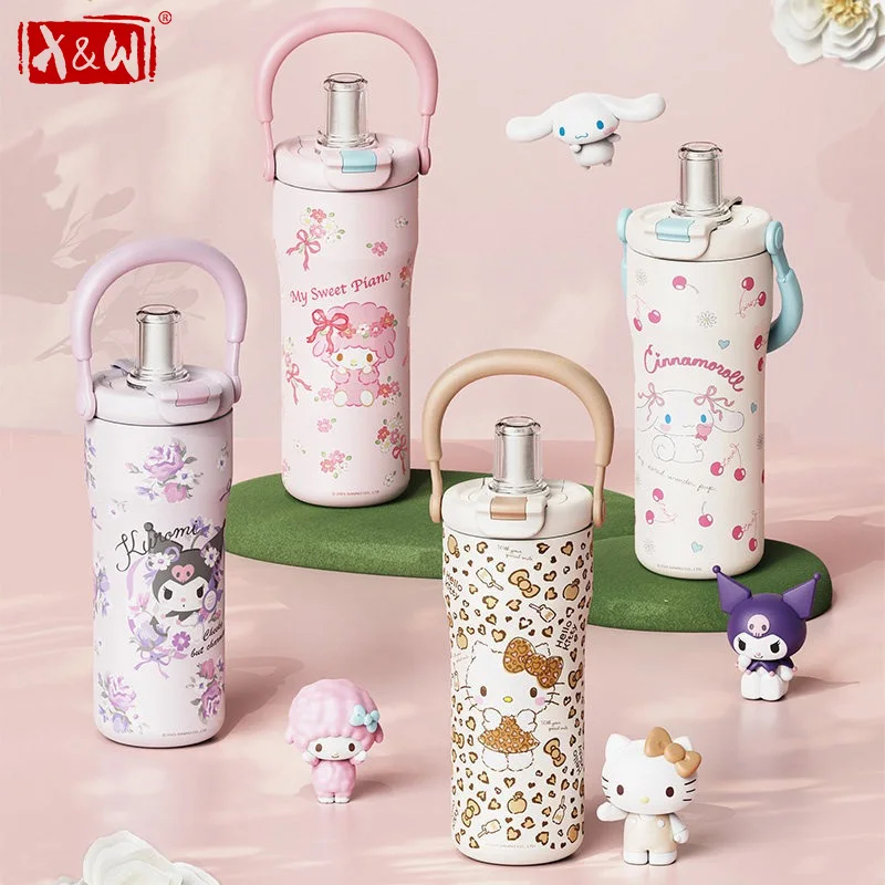 X&W Sanrio Hello Kitty Thermos Cup 750ml Stainless Steel Insulated Cup With handle & Tea strainer Ice Tumbler Straw Coffee Cup