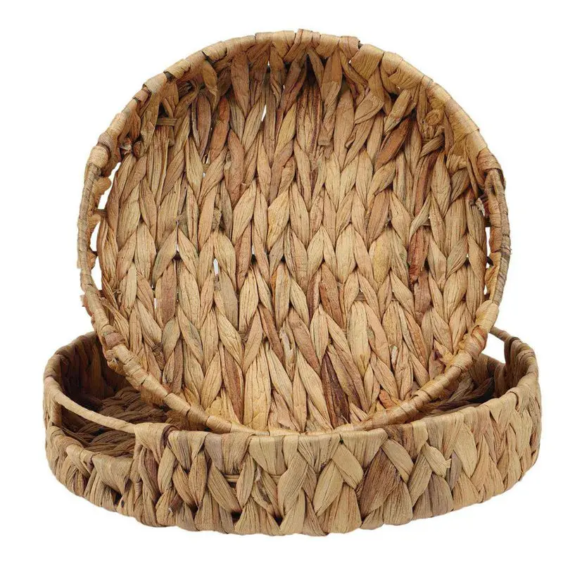 AS94-4Pcs Round Braided Tray Made Of Seagrass Water Hyacinth Set 33Cm + 28Cm Diameter Fruit Bowl