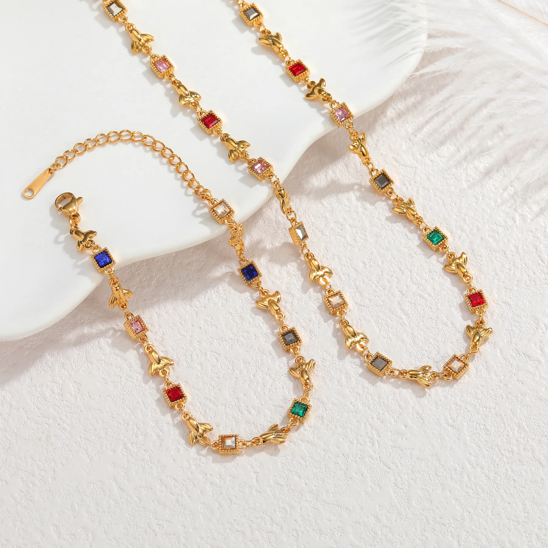 

New Multi-style Colorful Square Zircon Shell Jewelry Set For Women Bracelets Necklaces Exquisite Stainless Steel Jewelry Gifts