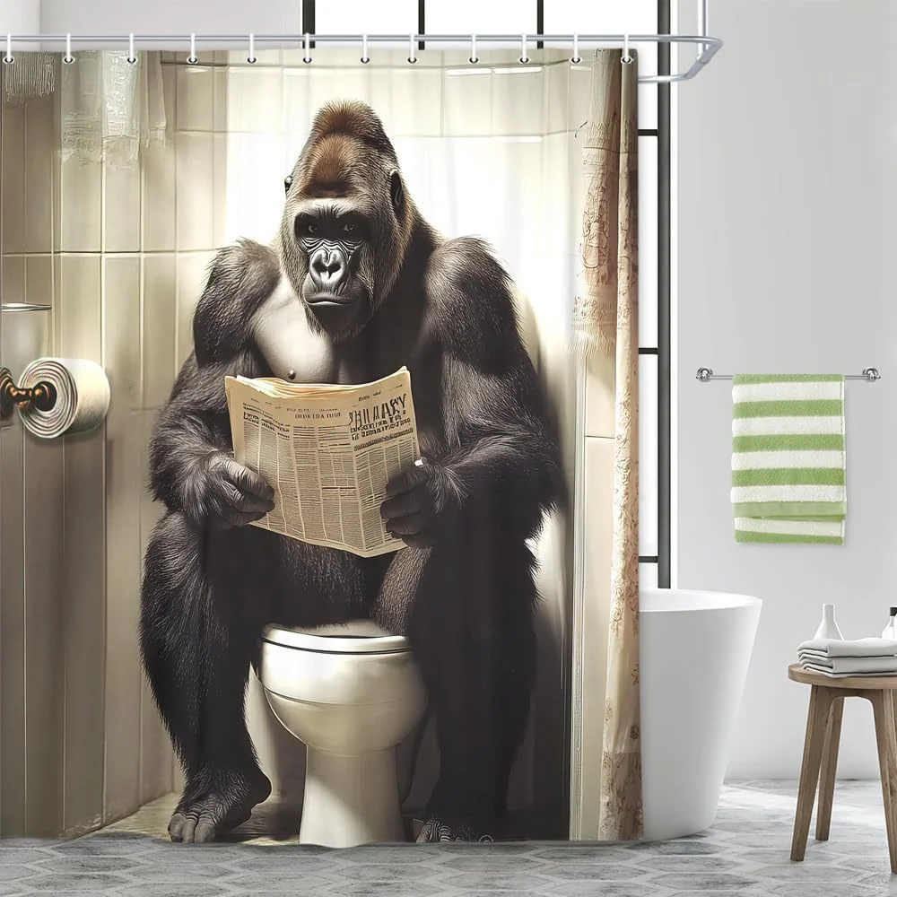 Funny gorilla sitting on toilet shower curtain Humorous bathroom decoration curtain , including 12 hooks, modern bathroom design