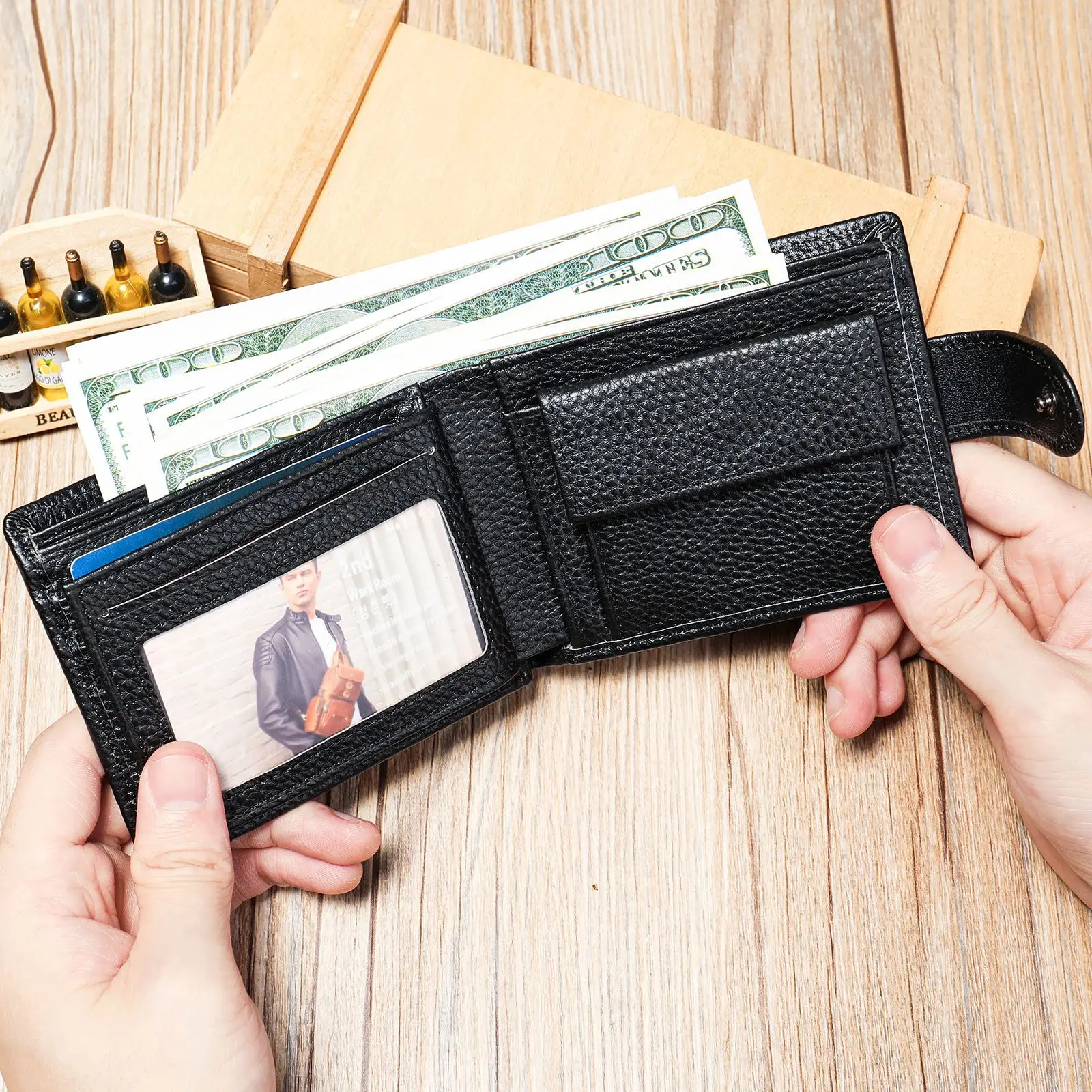 Genuine Leather Wallet Men Top Grain Cowhide Small Purse