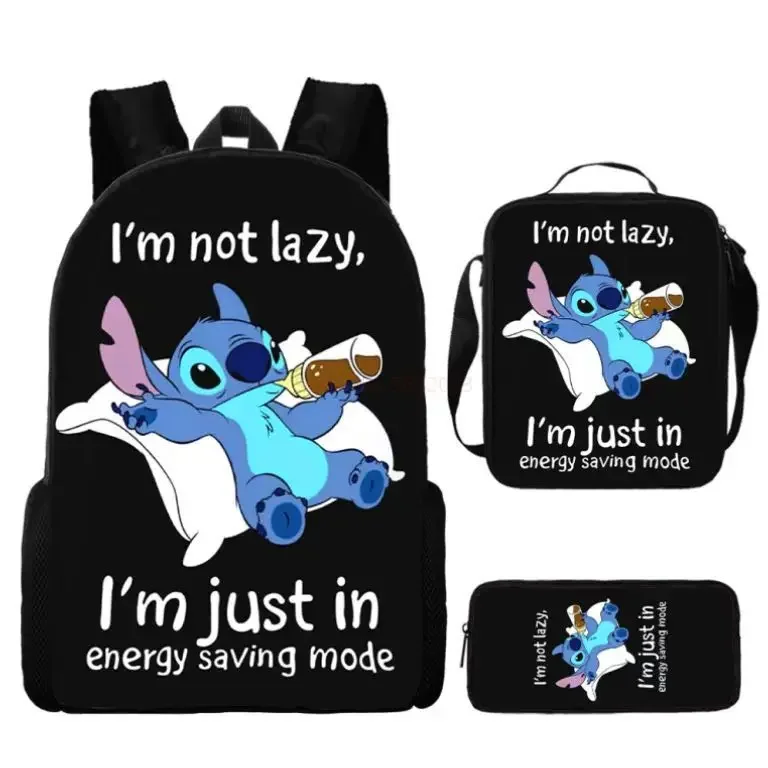 3szt Disney Stitch Plecak Szkoła podstawowa i średnia Tornister Torba na lunch Piórnik Przybory szkolne Wodoodporny plecak