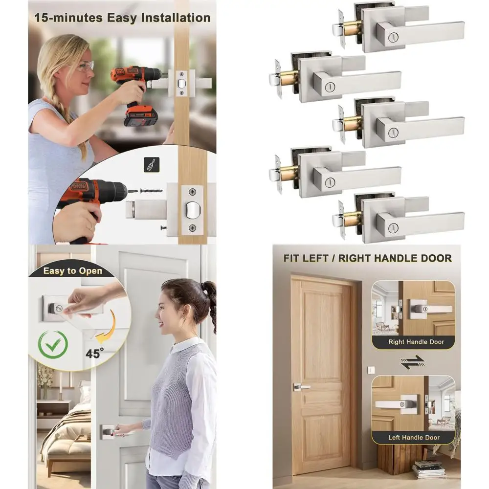 5 Pack Brushed Nickel Privacy Door Handles, Suitable for Interior, Bedroom, and Bathroom, Reversible Design