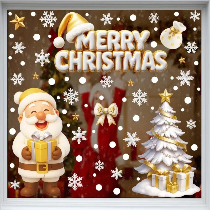 Weihnachts-PVC-Fensteraufkleber, statisch haftend, abnehmbarer Weihnachtsmann, Rentier, Schneeflocke für Zuhause, Glasfenster, Dekoration