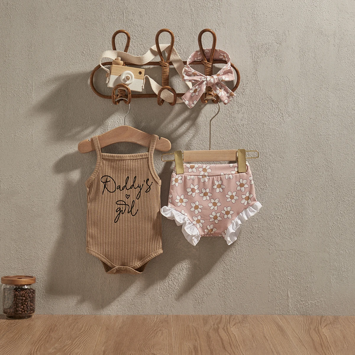 EWODOS Baby Girl Clothes Suit Letter Print Knit Rib Sleeveless Romper Floral Print Shorts Headband 3Pcs Set Autumn Brown Outfit