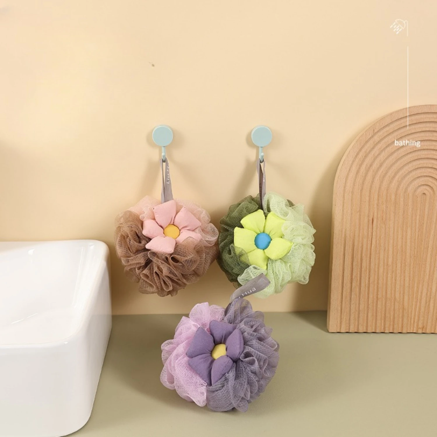 DEKAXID  1pc Sunflower Bath Ball Shower Pouf, Soft Mesh Loofah, Luxury Shower Sponge With Hanging Ribbon For Easy Drying, Exfoli