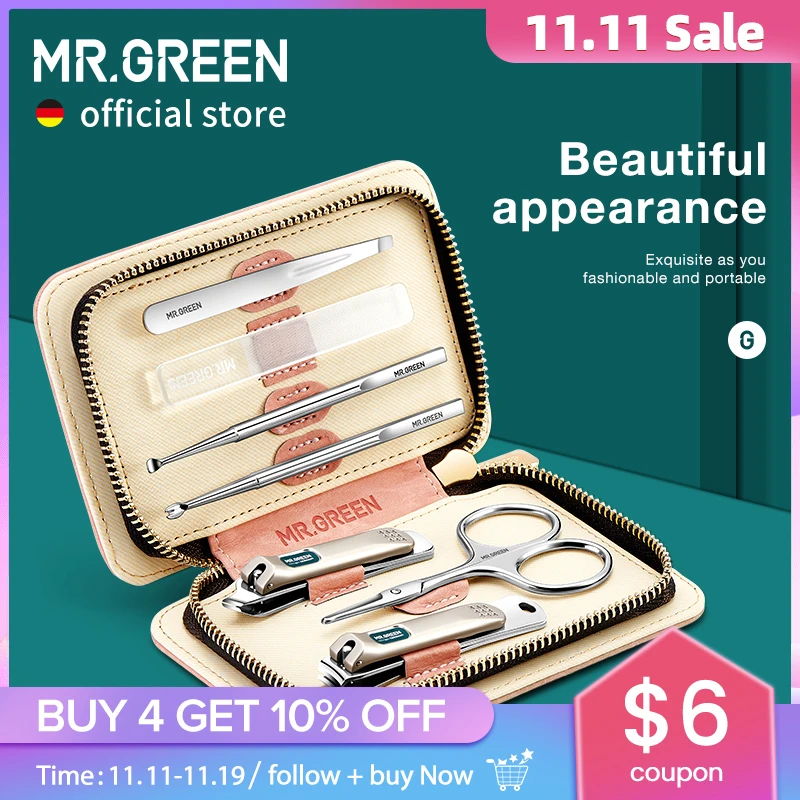 

MR.GREEN Manicure Set Personal Care Sets Nail Clippers Tools Stainless Steel Professional Nail Scissors PU Case Kit 7in1 Women