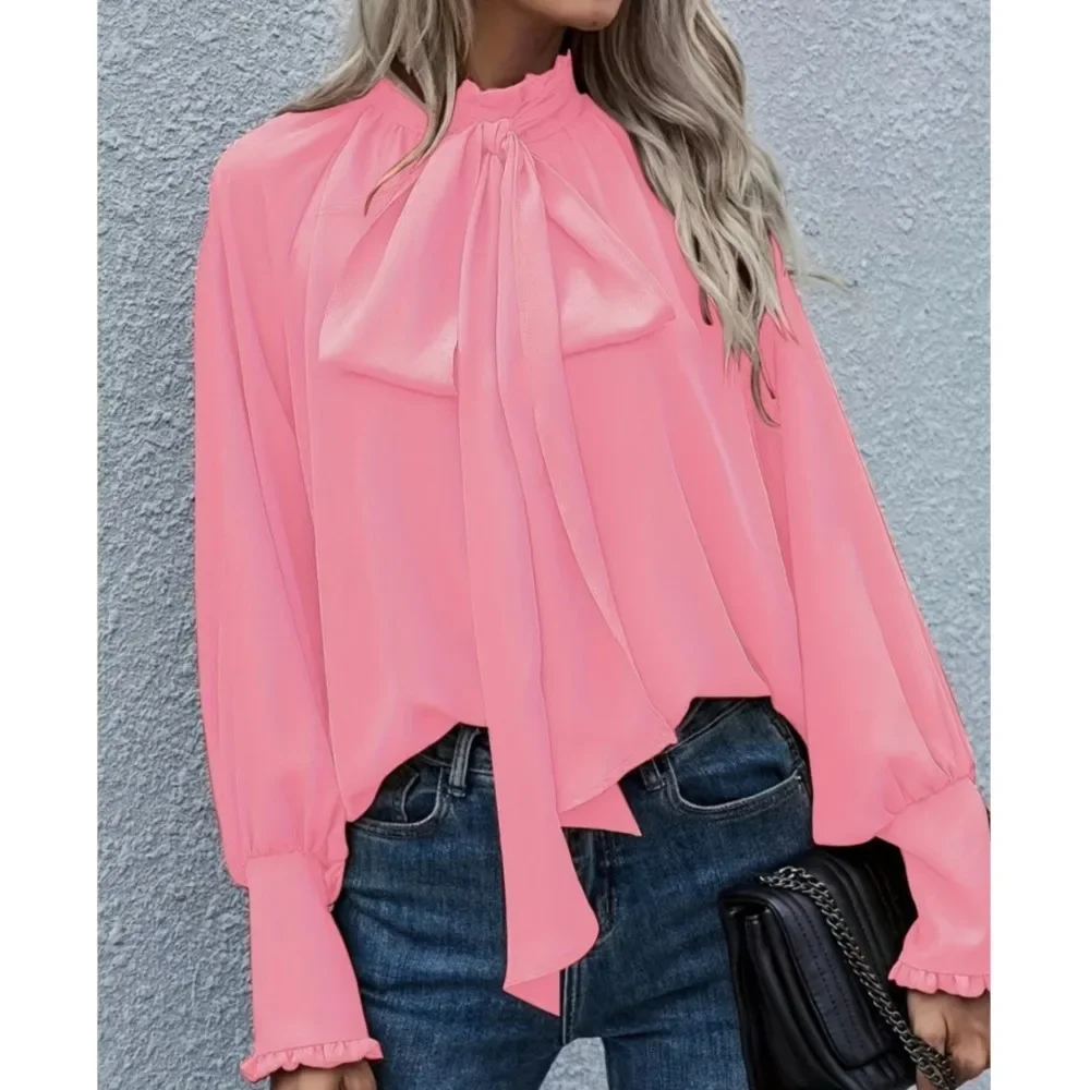 CPSYMYM Damen-Hemd mit Stehkragen, Fliege, Blase, langärmelig, Frühling und Herbst, neu, locker, alles, elegant, weiblich, lässig, O-Ausschnitt, alle M