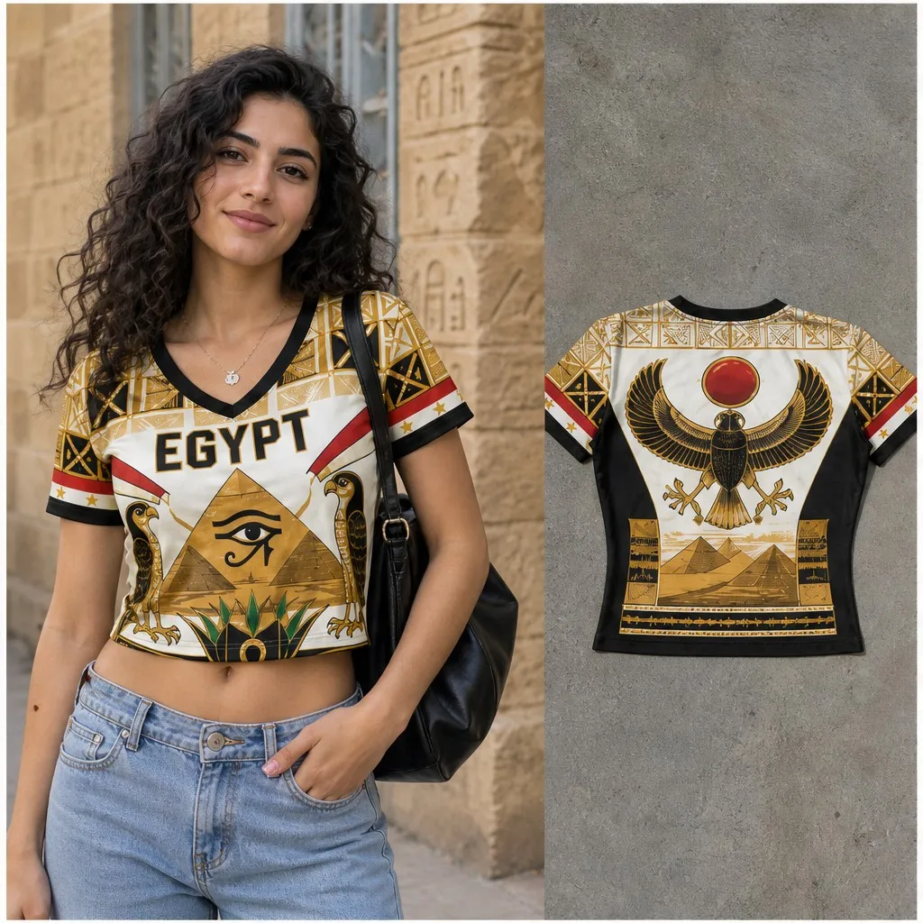 Womens Egypt Pyramid Falcon V Neck Cropped Short Sleeve T Shirt Ancient Eye Graphic Casual Summer Streetwear Tops For Daily Wear