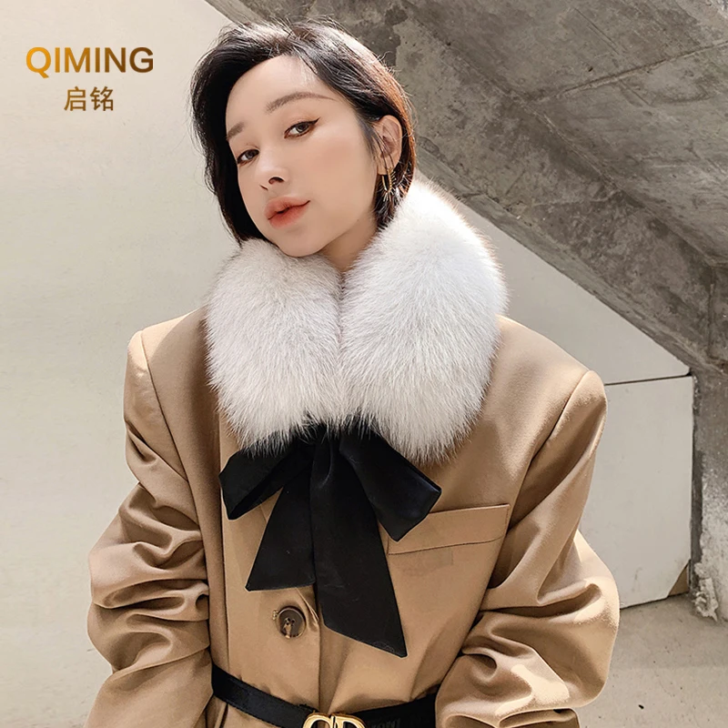 Woman Fox Fur Collar Ladies Winter Ribbon Luxury Designer Scarf Ring Coat Fashion Warmth Real Fox Fur Scarf Women Luxery Scarf