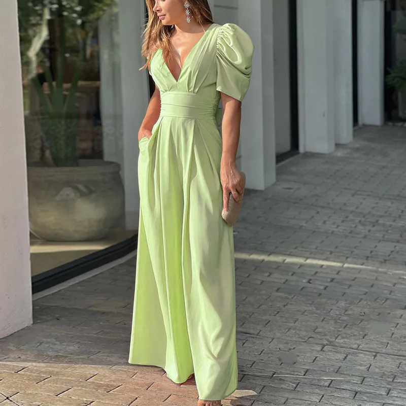 2024 summer new short sleeve women's fashion elegant large size wide leg jumpsuit