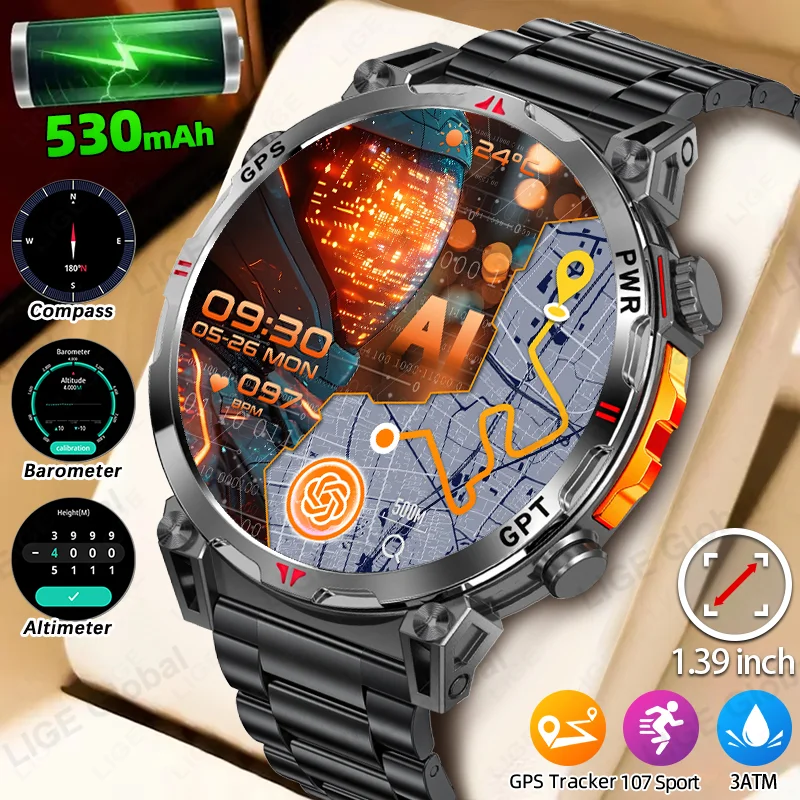 

LIGE GPS Smart Watch 530mAh 3ATM Waterproof Built-In Compass Barometric Altimeter Military Sport Smartwatch Men For Android iOS