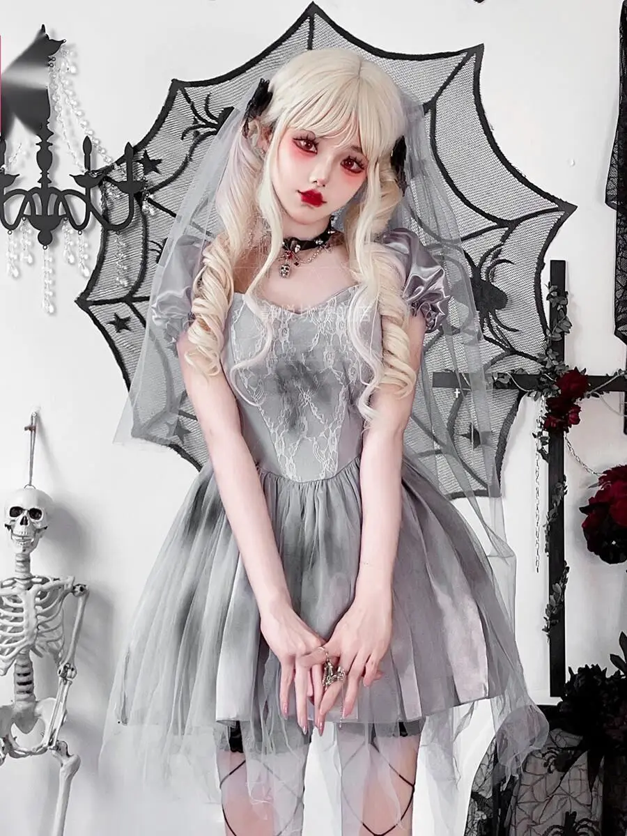 Halloween adult cos costume ghost bride wedding dress short skirt subculture goth dark girl vampire dress