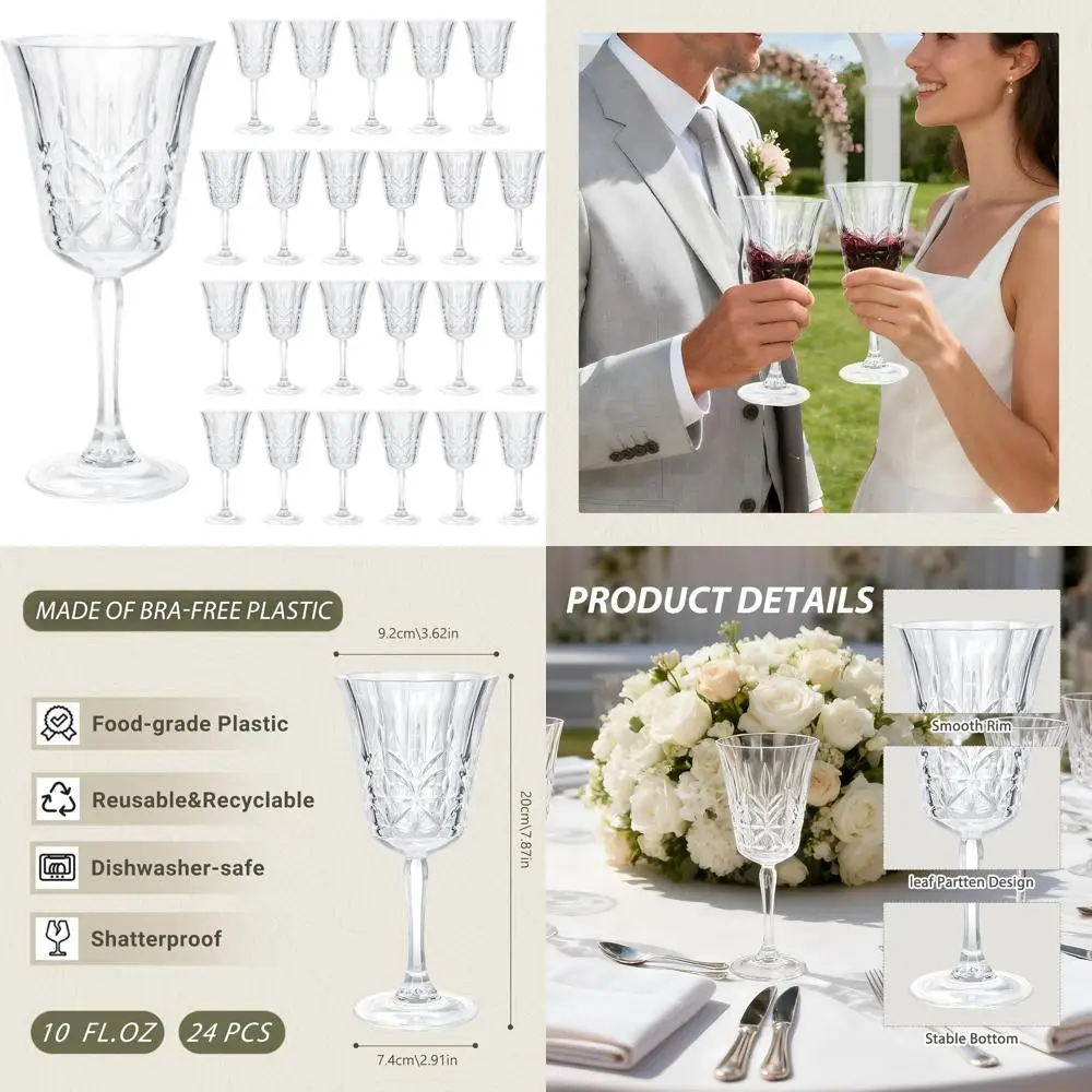 

Set of 24 Clear 10oz Plastic Wine Glasses, Stemmed Vintage-Style, Unbreakable, Reusable, BPA-Free for Parties & Weddings