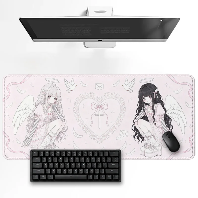 Kawaii Sweet Lolita Art Mouse Pad Twin Angel Girls White Wings Pink Design Large Desk Mat Non Slip Rubber Base for Work Gaming