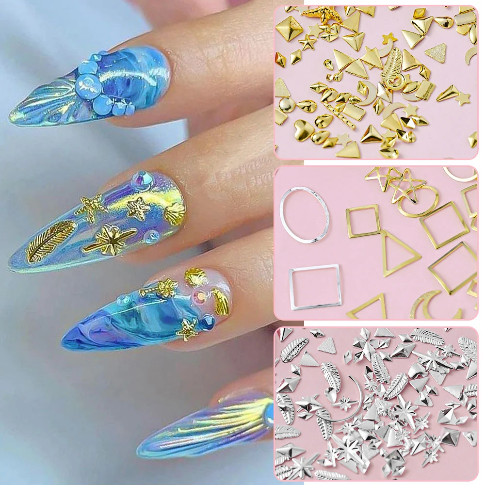 200Pcs/Bag Mixed Shape Gold Silver Metal Flake Nail Arts Decorations Star Moon Nail Charms Accessories Manicure DIY Supplies