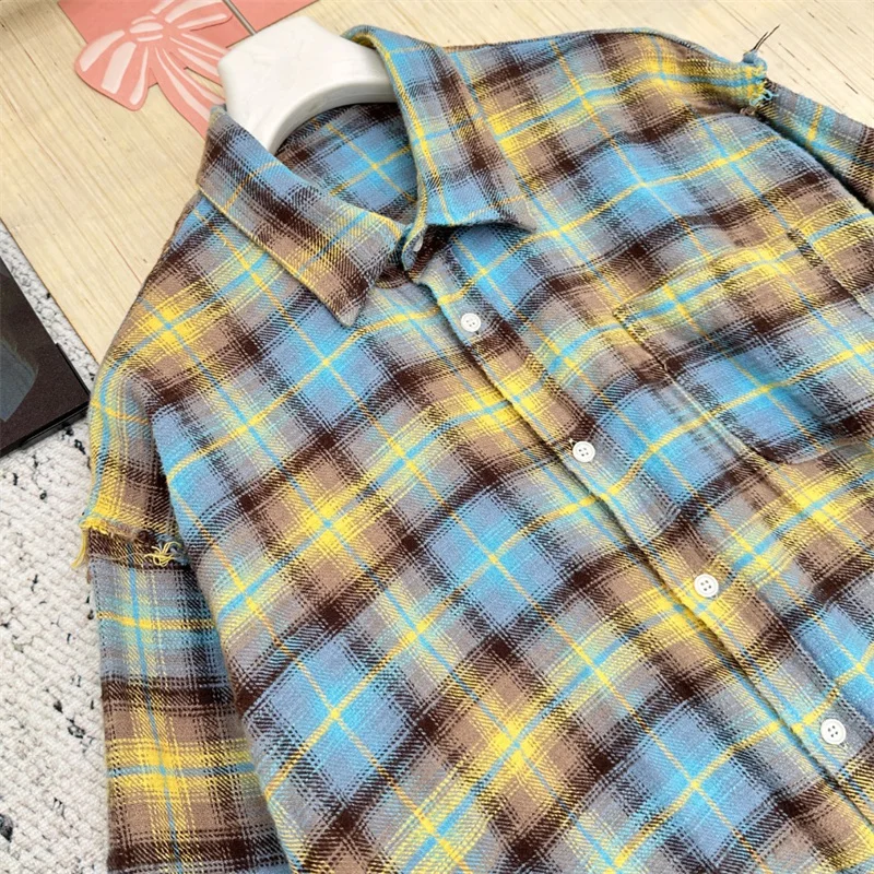 

Women's shirt New couple style loose long sleeved top for autumn 2025 pure cotton collared checkered Women's blouse thin coat