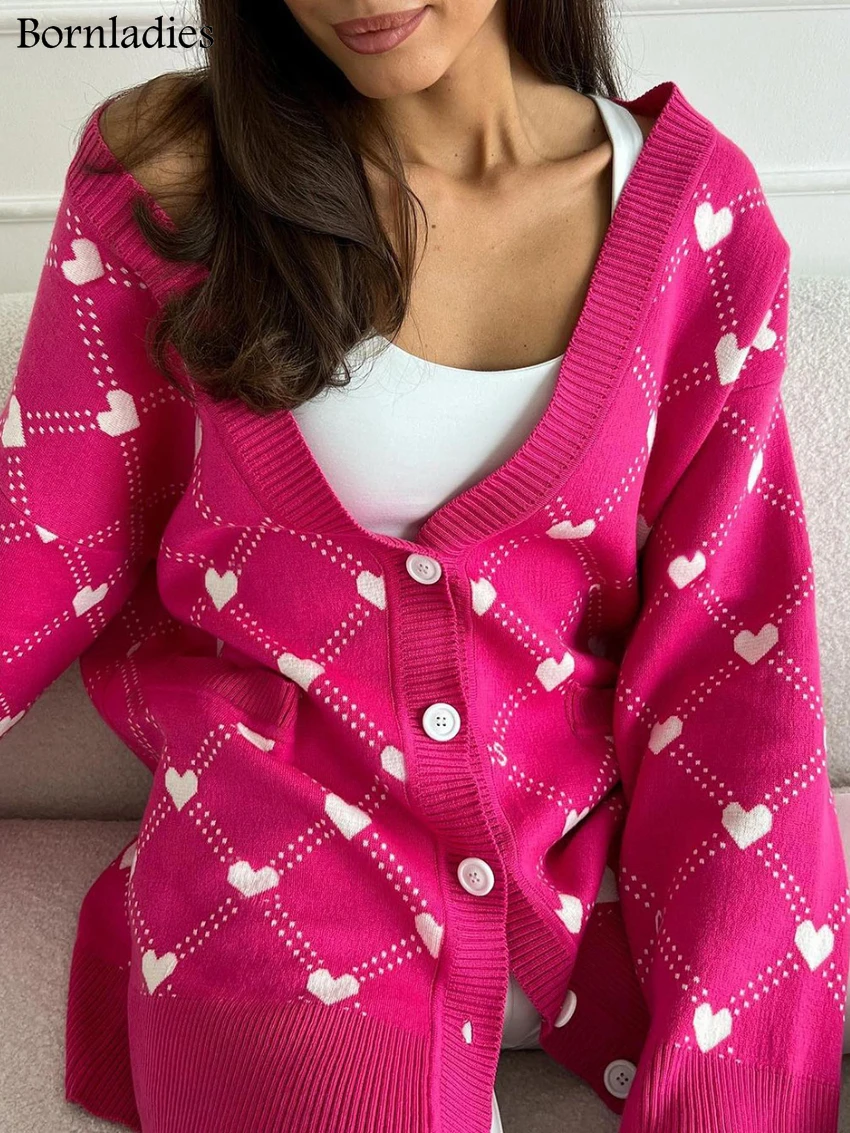 Bornladies Women Pink Hearts Print Oversize Cardigan Soft V-neck Thiick Knitted Jacket Winter Button Vintage Cardigan for Women