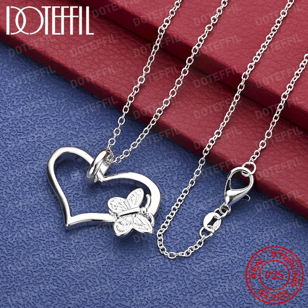 

925 Sterling Silver Exquisite Heart-Shaped Butterfly Pendant Necklace for Women, Fashionable Wedding Party Accessories