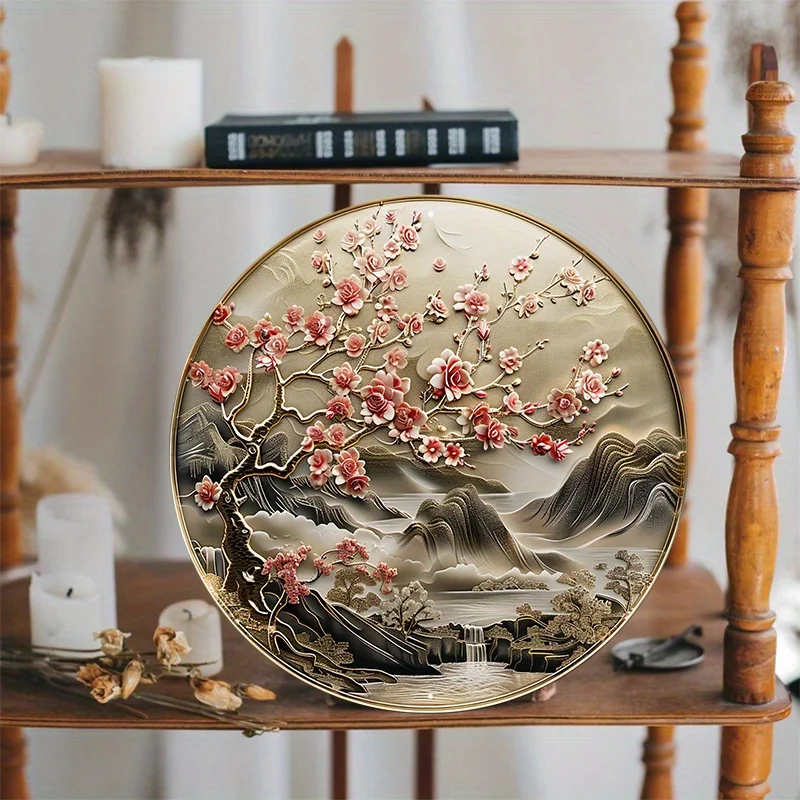 Gold Medallion with Traditional Design of Chinese and Cherry Blossom Artwork, Aluminum Metal Sign, Wall Art, Home Decor, 8x8in