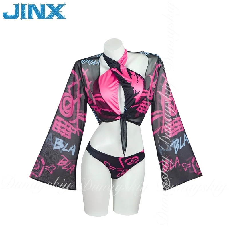 Arcane: League of Legends LOL Game Jinx Rampage Lori Cosplay Long Double Braids Swimsuit Bikini Cosplay Costume  Full Of Set