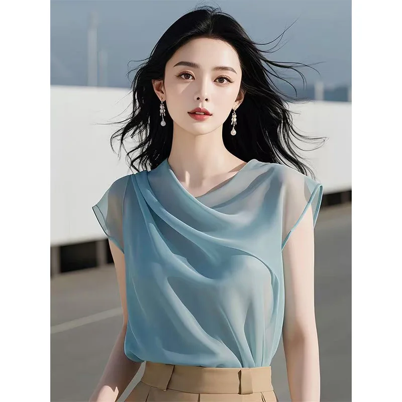 

Sli Unique Blue ort Sve Женский irt Summer 2025 Charming Special Edition Шелковый топ Ele Faionable Полиэфирное волокно