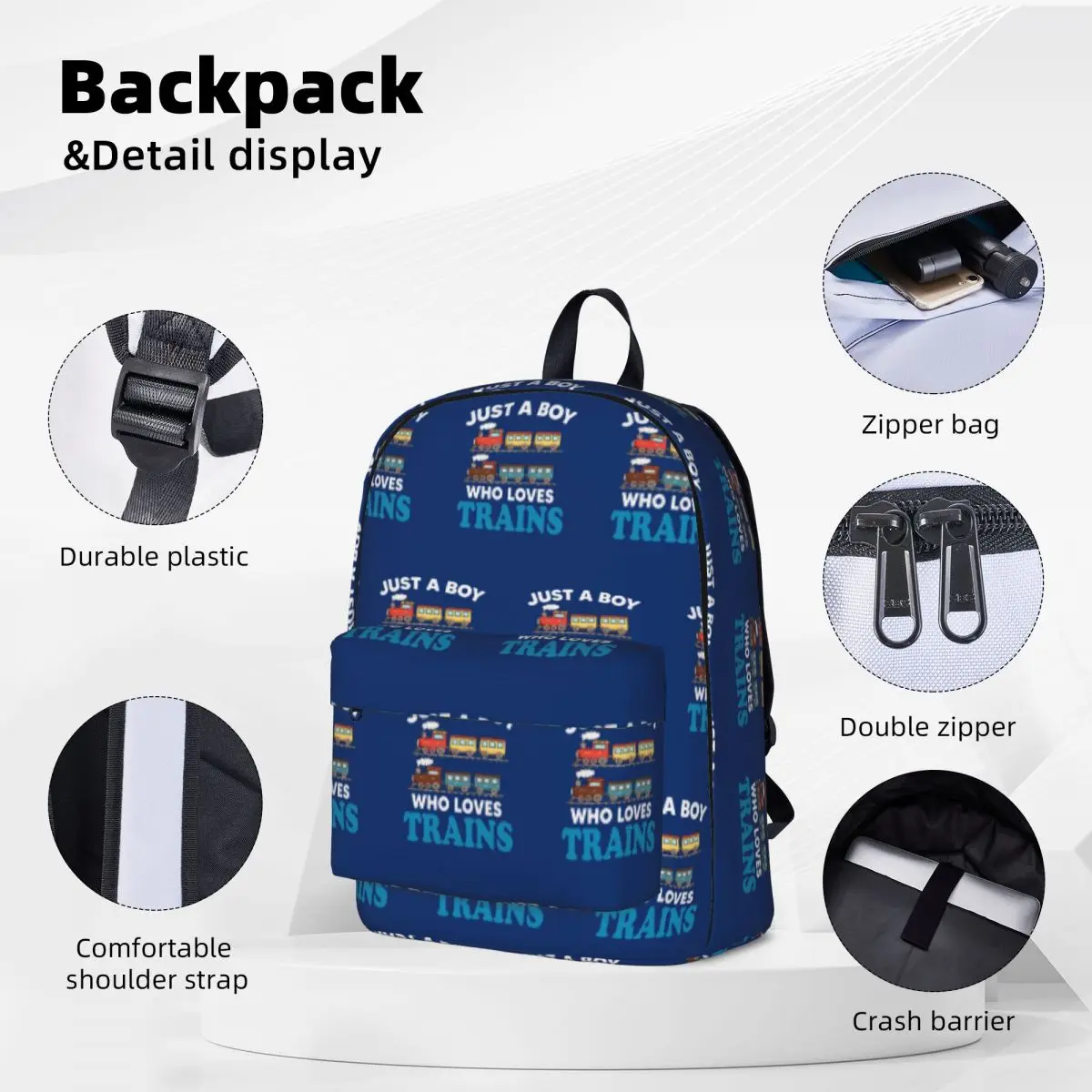 Birthday Kids Just A Boy Who Loves Trains Funny Design Kids Backpacks Student Book bag Shoulder Bag Travel Rucksack School Bag