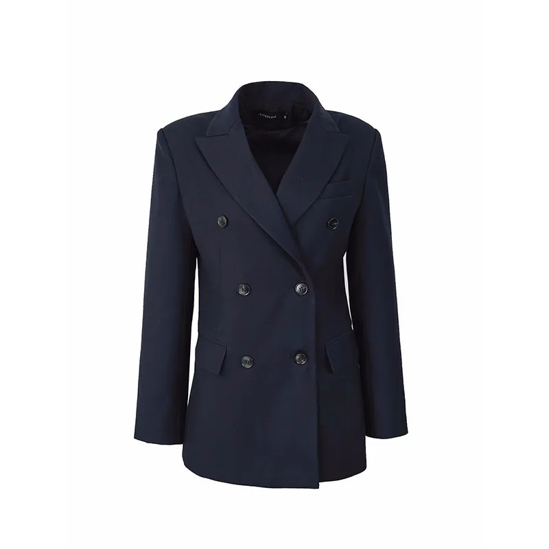 Primavera Estate Nuovo doppiopetto Giacca da donna Cappotto Nero Blu navy Colletto dentellato Manica lunga Donna Slim Blazer Capispalla