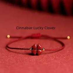 Handmade Red Rope Lucky Clover Bracelet Natural Purple Cinnabar Beads Women Men Couple  Adjustable Bangles  Drop Shipping