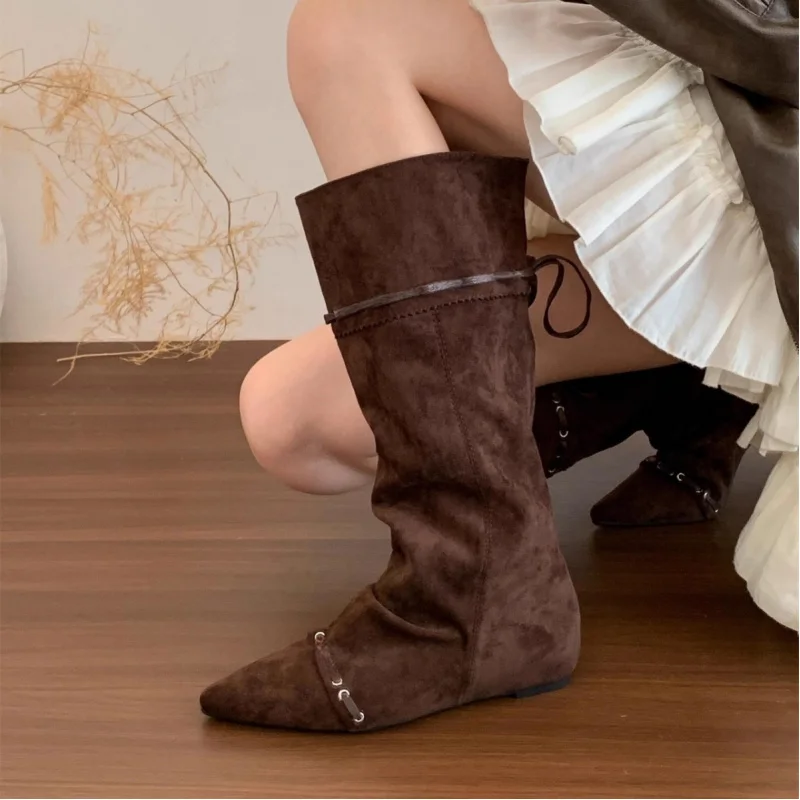 2025 صيف جديد نمط الارتفاع زيادة أحذية طويلة للنساء التجاعيد اتجاهين ارتداء أحذية رعاة البقر الغربية ترهل #3