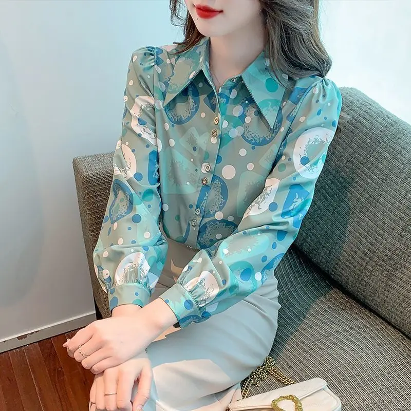 Casual Korean Women's Printed Long Sleeve Blouse Autumn Fashion All-match Turn-down Collar Button Spliced Shirt Female Clothing