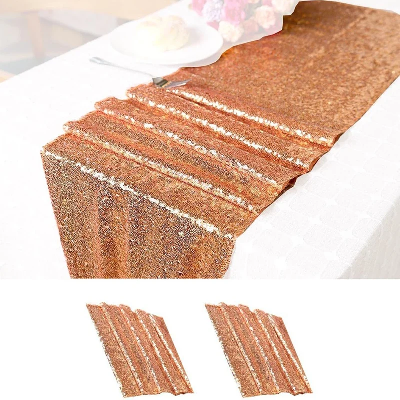 2PCS Sequin Table Runner Copper Glitter Runner For Birthday Party Supplies Wedding Bachelorette Holiday Celebration