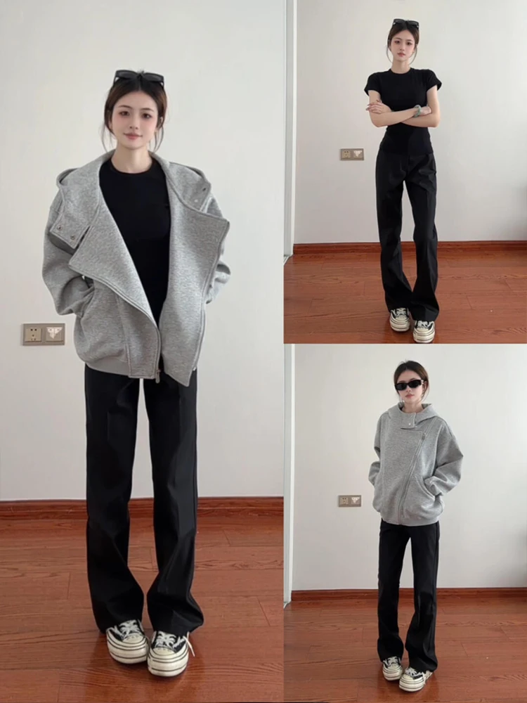 American Sle Doppel-Reißverschluss-Hoodie-Cardigan für Damen, Herbst und Winter, neue trendige High-End-Feel-Chic-Paar-Oberbekleidung