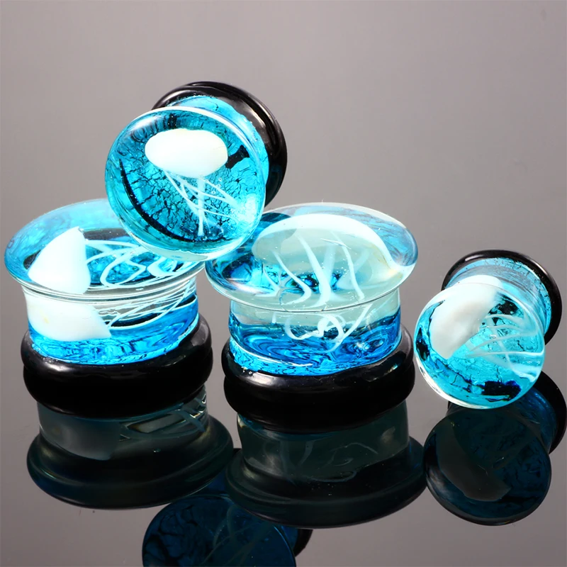 8mm-16mm Blue Translucent Glass Earrings White Jellyfish Logo Ear Plug Tunnel Ear Stretcher Expander Body Jewelry Fashion Oreja