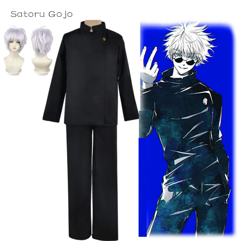 Disfraz de Cosplay de Jujutsu Kaisen Gojo Satoru para hombres adultos, uniforme de escuela secundaria, traje de peluca, disfraz de Halloween