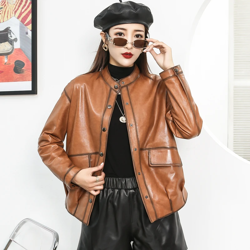 Women's Leather Jacket Coat, Short Plant Tanned Snowflake Sheepskin, Motorcycle Baseball Suit, Loose, Spring, Autumn