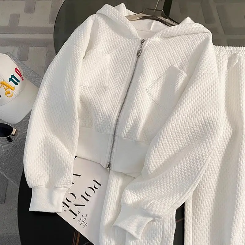 

White Waffle Knit Tracksuit Women Zip Up Hoodie Set Casual Lounge Wear Soft Two Piece Outfit Spring Autumn 2026