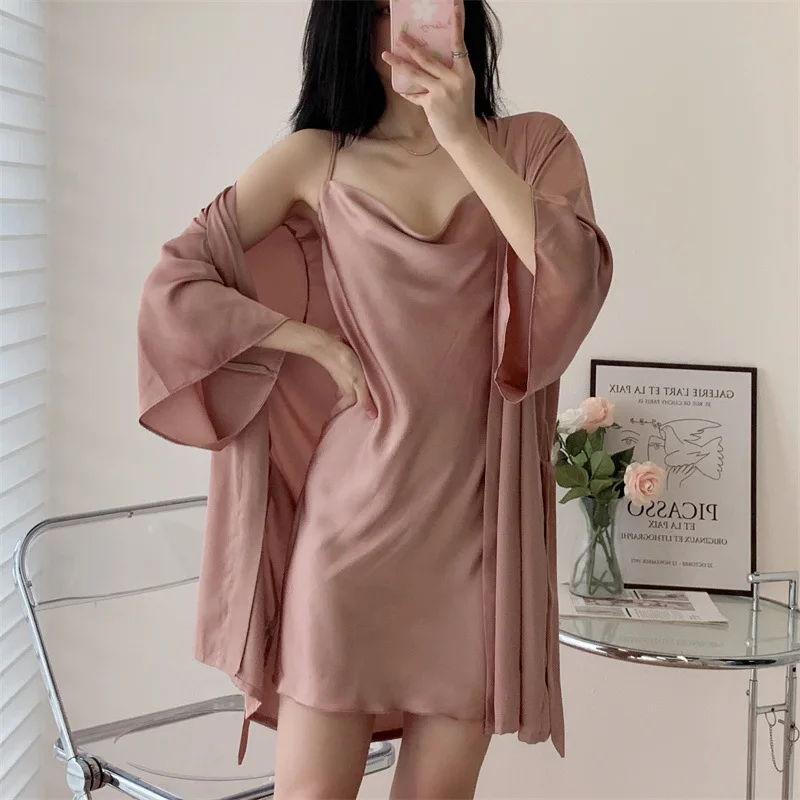 2PCS Women Nighty&Robe Set Summer Bathrobe Nightdress Sleep Suit Lace Kimono Gown Lingerie Satin Sleepwear Nightgown Homewear