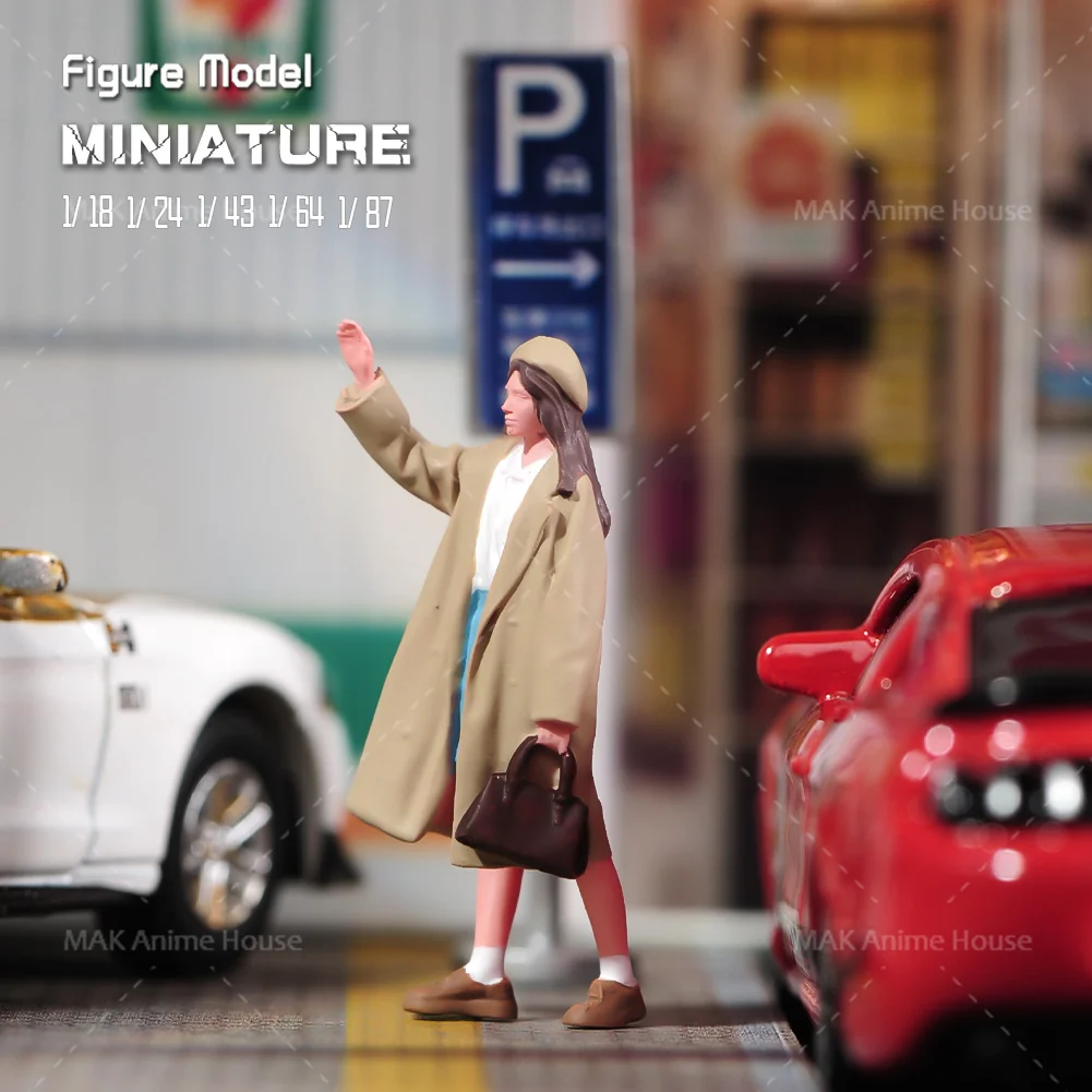 Miniaturas 1/18 1/24 1/64 1/43 1/87 moda usando fones de ouvido para homens acenando menina figura modelo decoração de rua cena carro brinquedo