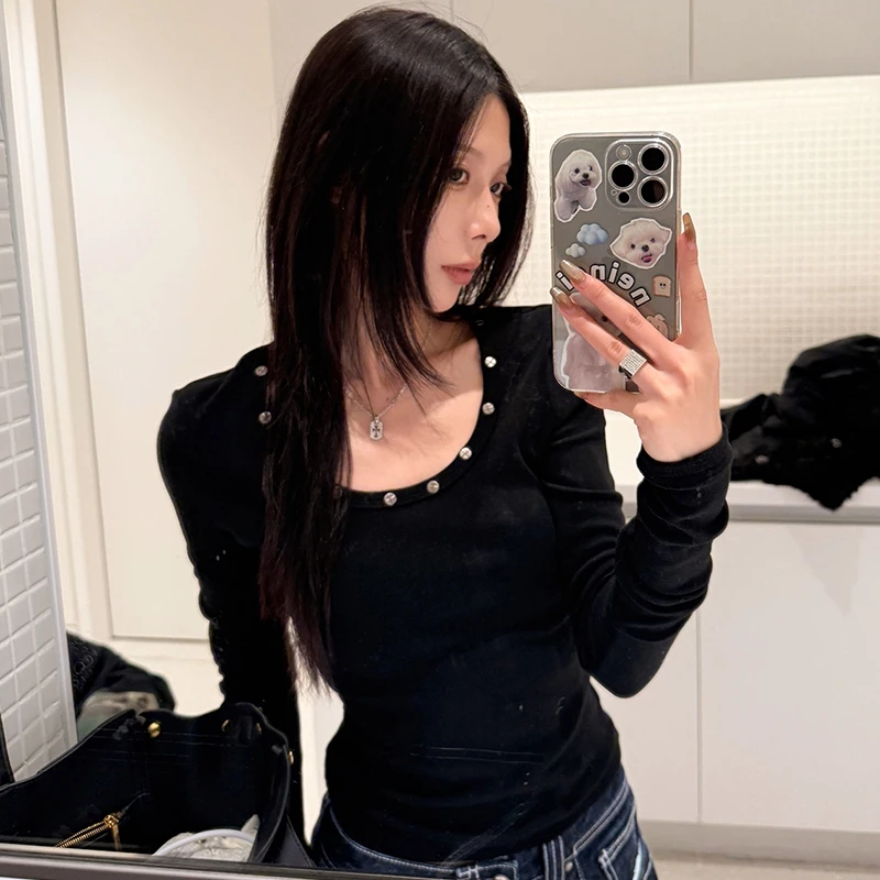 Yedinas Streetwear Slim T Shirt Women Clothes Long Sleeve Korean Fashion Tees Female Clothing 2000s Clothes Y2k T-shirt Tops
