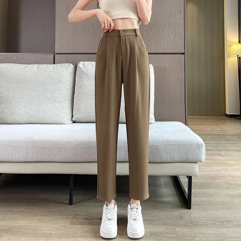 Casual Women Suit Pants 2023 Summer Fashion High Waist Black Harem Pants Female Korean Style Pocket Thin Nine Point capris