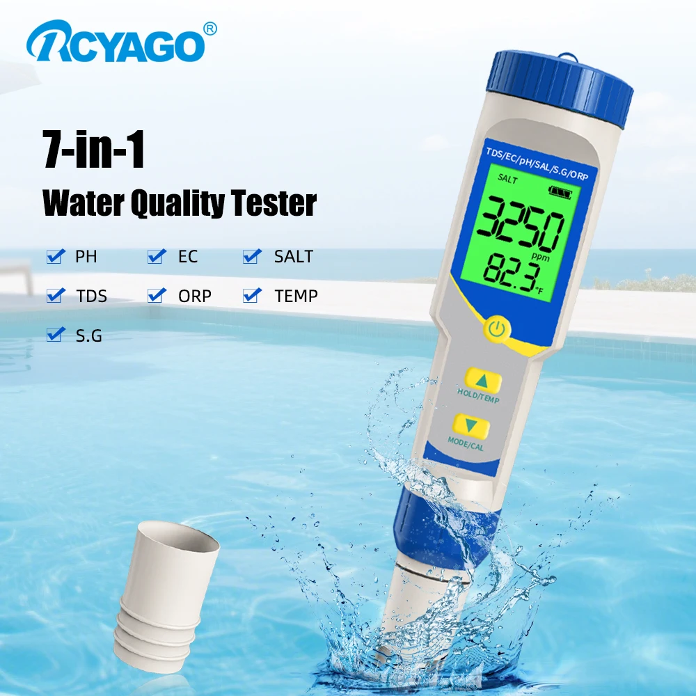 

Цифровой 7-в-1 ОВП-метр для соли, высокоточный тестер качества воды, комплект для тестирования соленого бассейна для аквариума, бассейна, пруда, спа