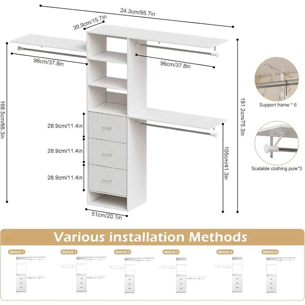 Expandable 8FT Wooden Closet Organizer System with Drawers and Adjustable Hanging Rods for Enhanced Storage Solutions
