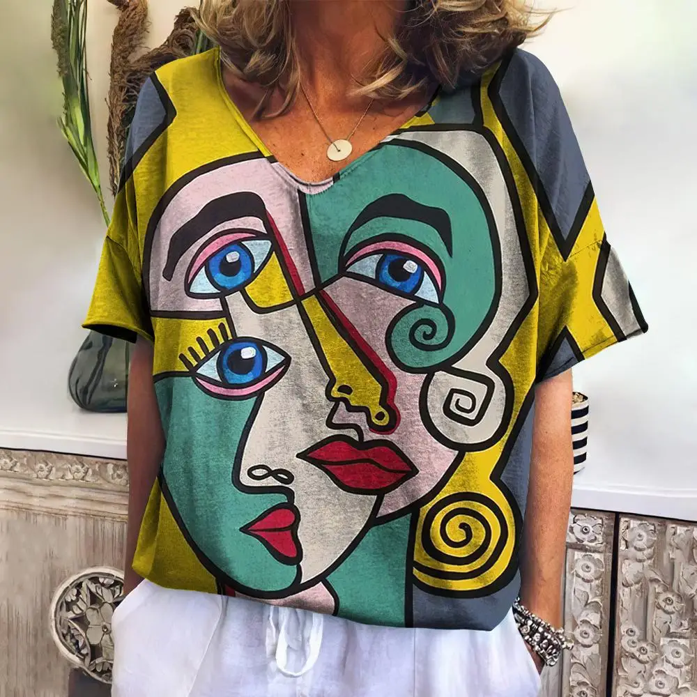 T-shirt à manches courtes pour femmes, col en V abstrait, peinture à l'huile décontractée, vêtements féminins, mode de rue rétro, nouveau