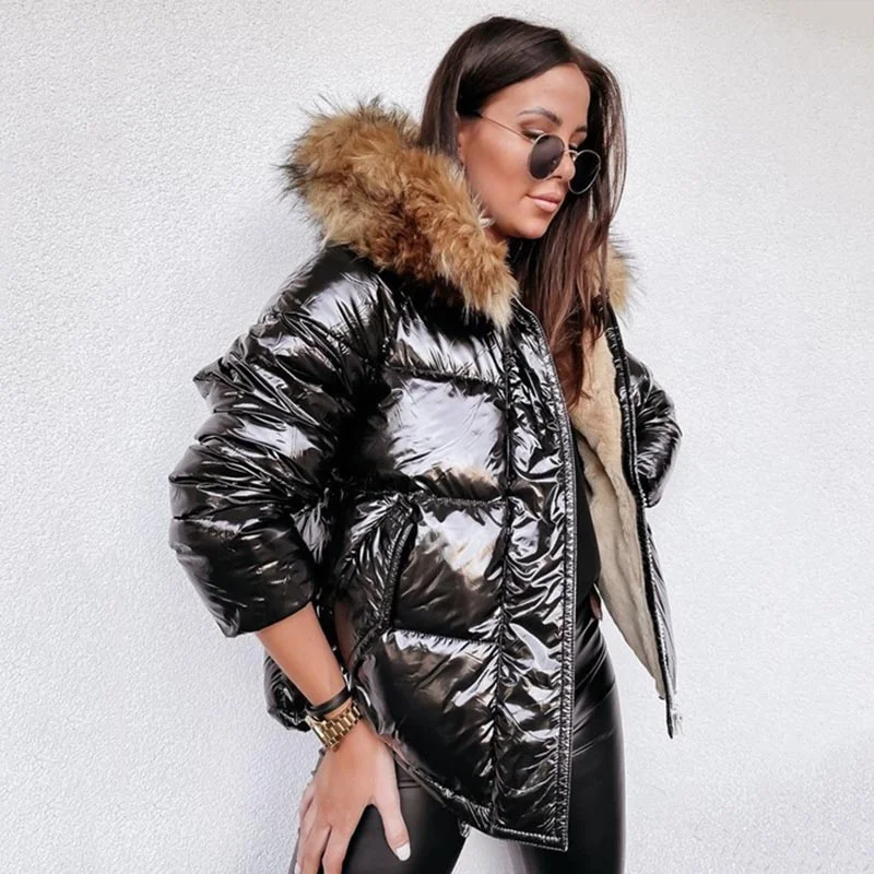 2022 Winter Luxe Shiny Losse Jas Vrouwen Bontkraag Capuchon Parka Vrouwelijke Nieuwe Fluwelen Dikke Warme Beneden Katoen Jassen Oversized